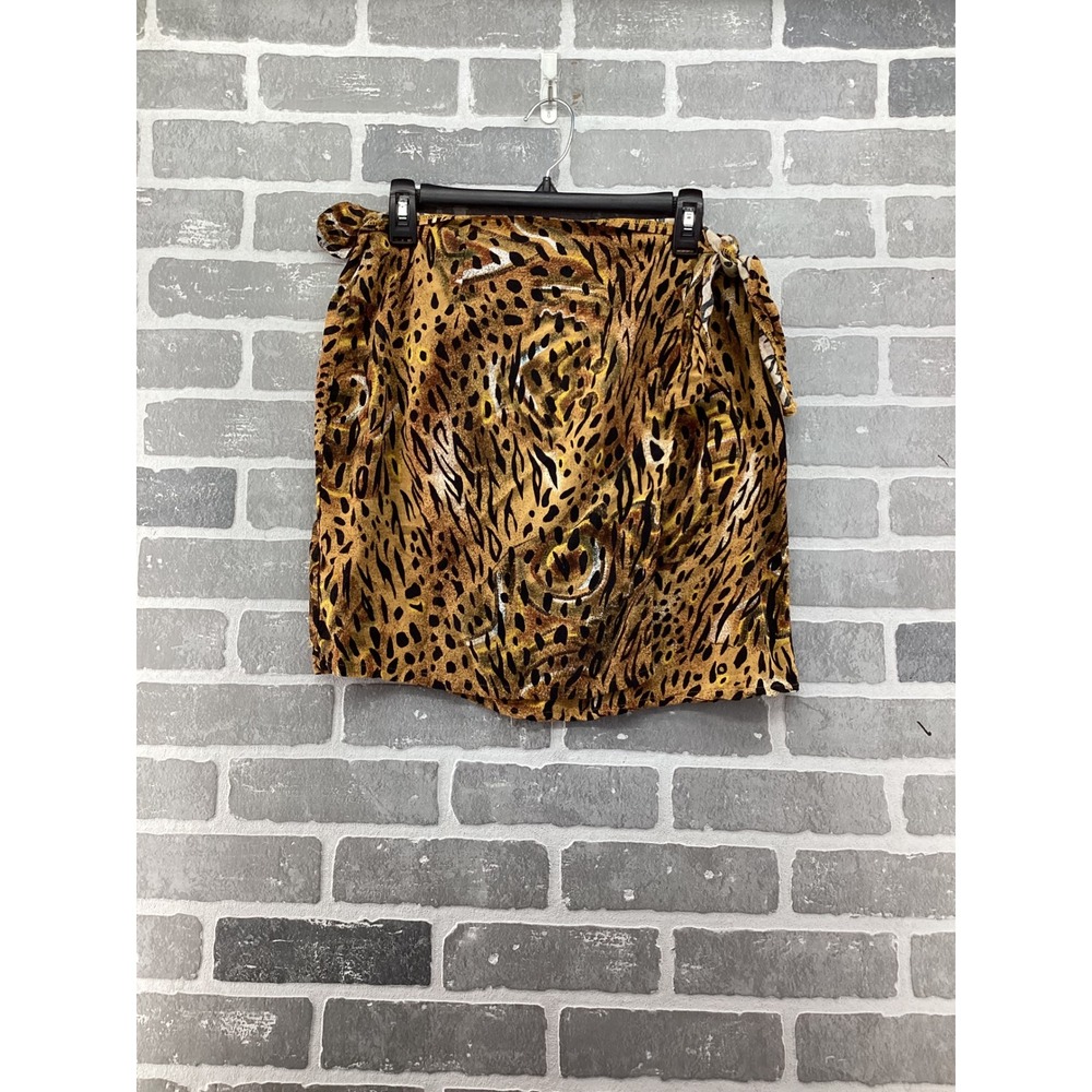 Vintage Emporio Gitano Leopard Print Rayon Mini Wrap Skirt Side Tie Brown Large